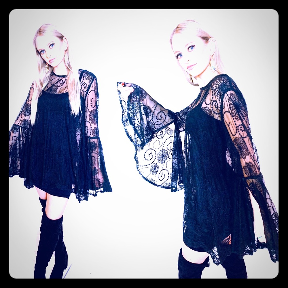 Love Stitch Black Lace Bell Sleeve Mini Dress - Picture 5 of 6